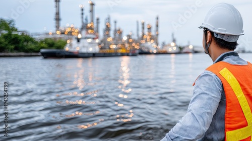 Engineer observes oil tankers and industrial plant during dusk while standing near water with a safety helmet and vest on