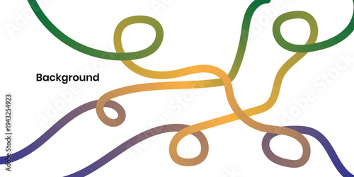 A colorful abstract image featuring interconnected loops and swirls in green yellow orange and blue hues on a white background