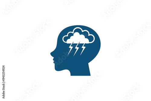 Minimalist vector silhouette of a head with a storm cloud directly overhead, a simple representation of mental blocks, stress, or difficult thoughts