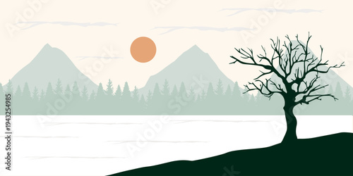 Minimalist flat design landscape with mountains, forest, and a bare tree at sunset.