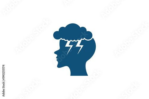 Human head outline with a dramatic storm cloud casting a shadow, symbolizing a heavy mind, worries, or impending difficulties.