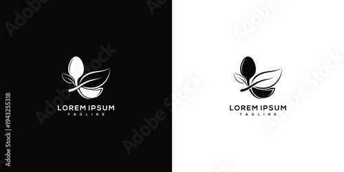 Natural Organic Food Logo Design - Minimalist Leaf Egg Spoon Icon for Healthy Cafe  Spa Brand.