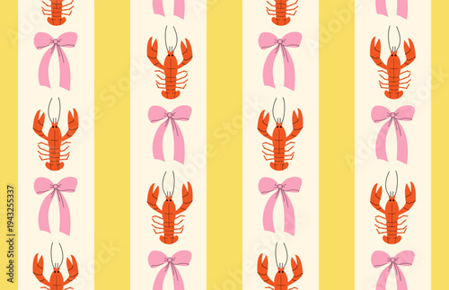 Seamless pattern with stripes, lobsters and bows. Summer elegant vector flat background
