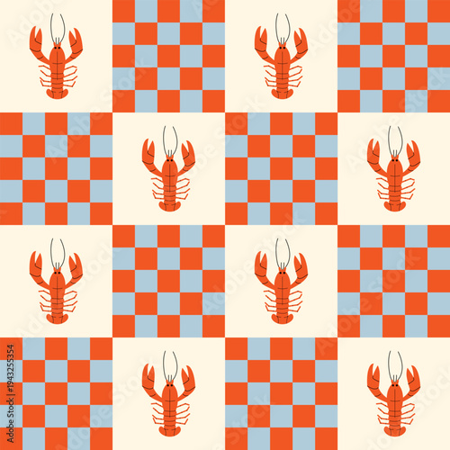 Seamless pattern with lobsters and chessboard. Checkered flat background in retro groovy style