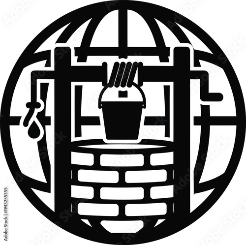 well icon, bucket and brick wall