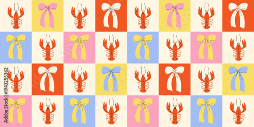 Coloful background with geometric blocks with illustrations of lobsters and bows. Vector flat seamless pattern 