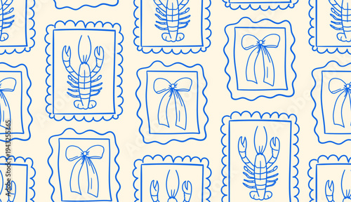 Hand drawn whimsical seamless pattern with bows and lobsters in frames. Vector line background design for scrapbooking, textile, wrapping paper