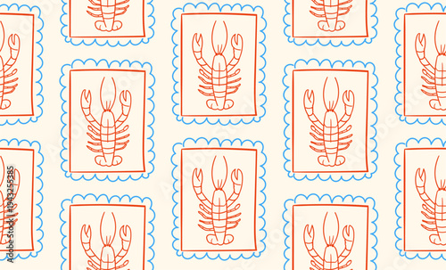 Summer whimsical seamless pattern with hand drawn lobsters in frames. Vector line background design for scrapbooking, textile, wrapping paper
