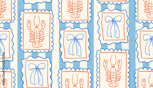 Hand drawn whimsical vector seamless pattern with bows and lobsters in frames on striped background