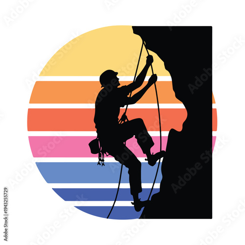 Rock climbing man silhouette climbing a cliff with colorful sunset background  adventure sport  outdoor activity
