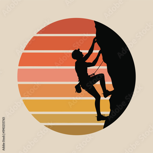 Rock climbing silhouette  man climbing a cliff with sunset in background  adventure and sports