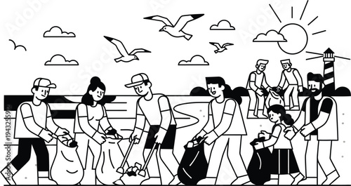 people cleaning beach, group picking up trash