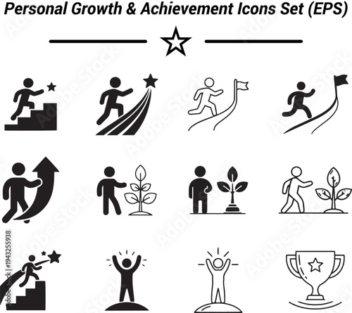 Personal Growth & Achievement Icons – Minimal Black Outline and Solid Vector Set