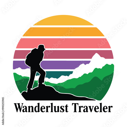 Wanderlust traveler logo with silhouette of hiker on mountain peak at sunset with colorful sky and green mountains