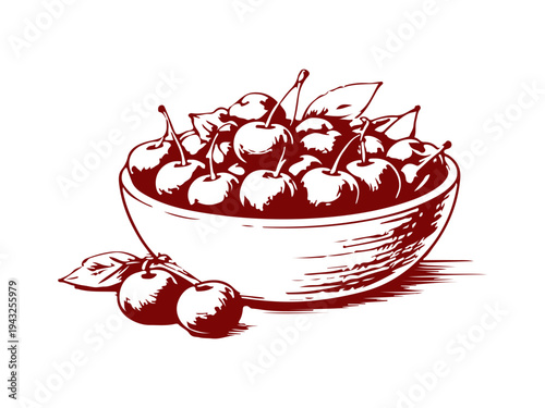 Simple hand drawn cherry bowl icon, engraved illustration.
