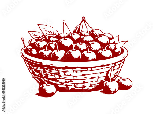 Simple hand drawn cherry bowl icon, engraved illustration.