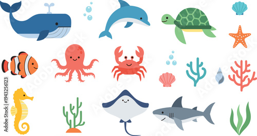 Cute Ocean Sea Animals Cartoon Vector Collection Featuring Whale, Dolphin, Turtle, Shark, Octopus, Crab, Seahorse and Clownfish with Coral Reef Elements.