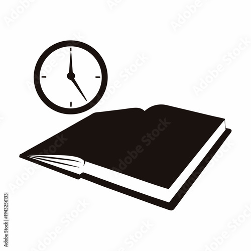 A graphic illustration of an open book and a clock in black