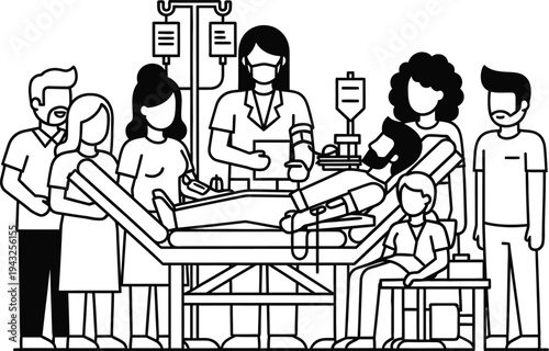 family in hospital room with doctor and nurse