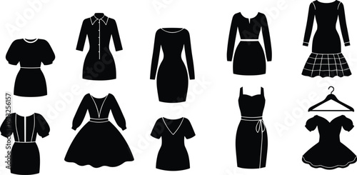 Women's dress silhouette icons set, vector fashion clothing collection, black female outfit shapes, elegant evening and casual apparel,