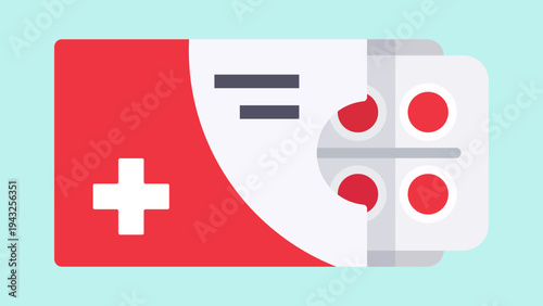 A flat design icon of a medicine box with a white cross, showing a blister pack of pills. Represents pharmaceuticals, medication, prescriptions, and pharmacy services