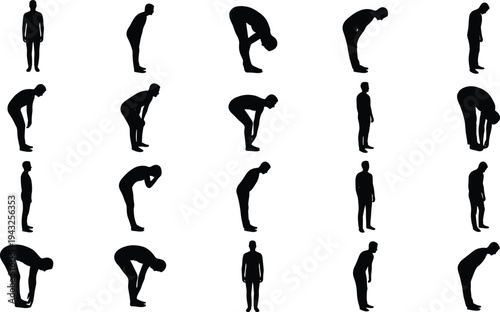 Man stretching and bowing silhouette set with various bending poses isolated on white background for health cad drawing flat vector illustration