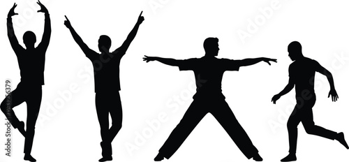 Silhouette people jumping, dancing and running, active lifestyle concept, energetic human figures, fitness movement, celebration pose, isolated on white background