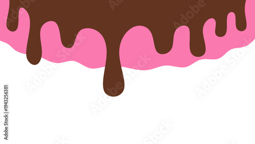 Sweet melting chocolate and pink strawberry icing glaze background. Melted syrup or dripping liquid sauce. Minimalist sweet chocolate and strawberry pink background.