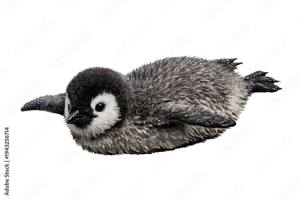 Obraz premium Cute Baby Emperor Penguin Chick Lying Isolated on White Background