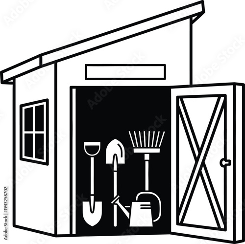open shed with gardening tools inside