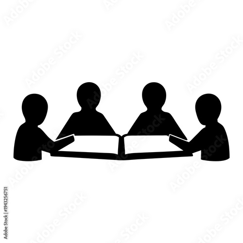 Four people in silhouette reading a large open book together closely