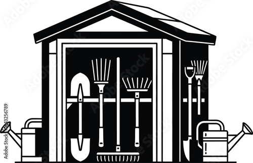 black and white garden shed with tools