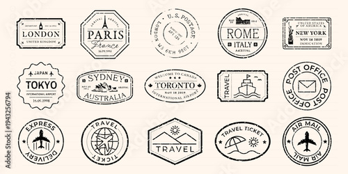 Vintage travel-themed stamp designs element vector set