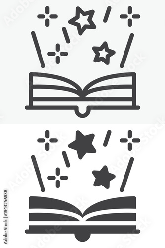 Open magic spell book with stars icon. Line outline and solid icon set in different style. Editable stroke vector sign and symbol. Magic book icon for fantasy stories.