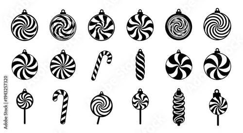 Black and white candy icons including peppermint swirls and canes on white background for festive designs