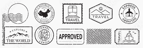 Vintage travel-themed stamp designs illustration vector set.