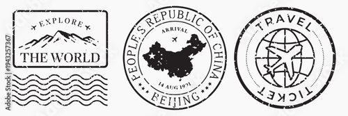 Vintage travel-themed stamp designs illustration vector set.