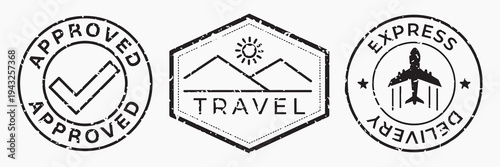 Vintage travel-themed stamp designs illustration vector set.