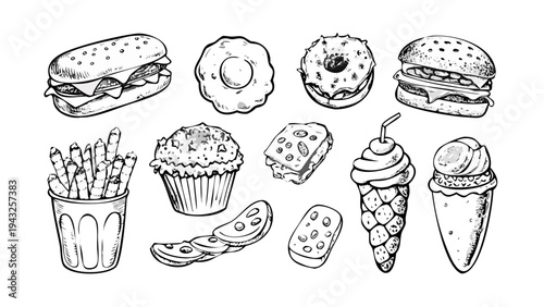 Hand drawn sketch collection of popular fast food and sweet treats including burgers pizza hot dogs ice cream donuts and popcorn on a white background. vector icon