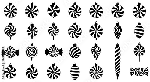 Black and white candy icons set with various striped and swirled lollipops and sweets on white background