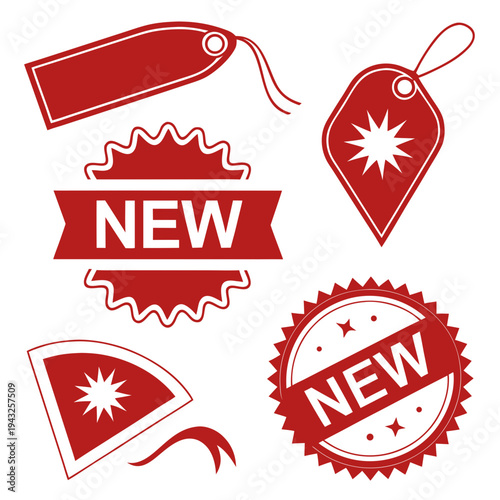 Assortment of red new sale tags, banners, and starbursts for retail promotions and advertising new arrivals effectively