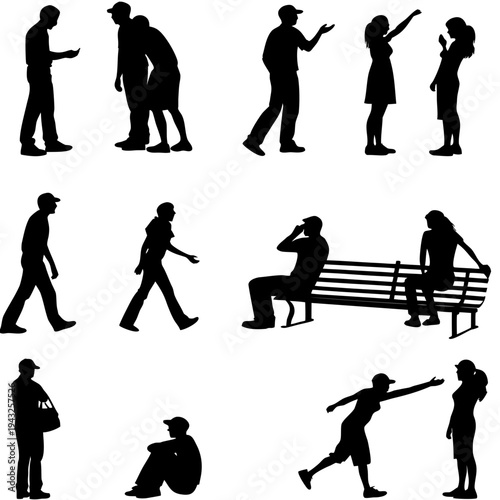 Large collection of pedestrian silhouettes showing men and women interacting talking and walking together in public space isolated on white background