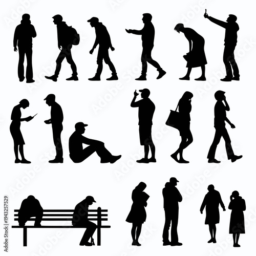 Collection of diverse people silhouettes showing various daily life activities such as walking with backpacks using gadgets and relaxing on benches