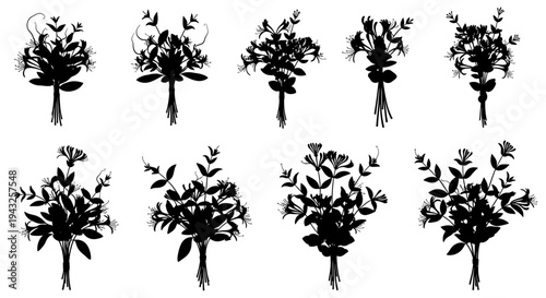 Collection of eight black floral arrangements with leaves and stems on white background for decoration
