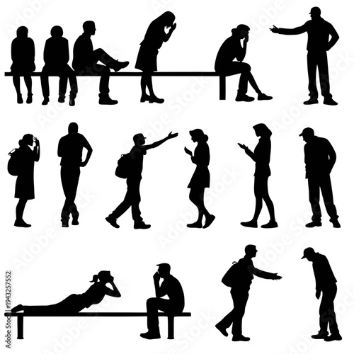 Set of black silhouettes of people in various everyday poses and actions, including sitting on a bench and using phones, isolated