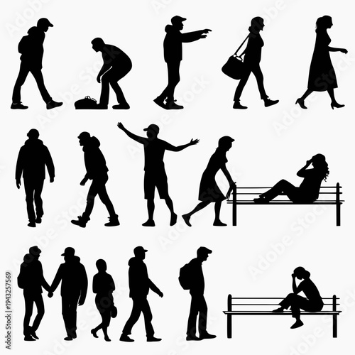 Assorted silhouettes of people in motion and at rest displaying various activities like walking bending gesturing and sitting on park bench