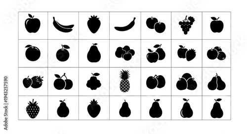 Collection of various fruit icons in black silhouette on white background for design use
