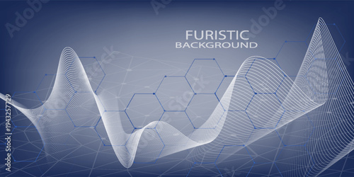 Dark blue abstract background, vector waves of flowing particles, curved lines of moving dots, technology and science theme,  futuristic.vector