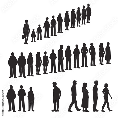 People silhouettes standing in long queues and rows of different groups waiting together for service or entry in black and white vector collection