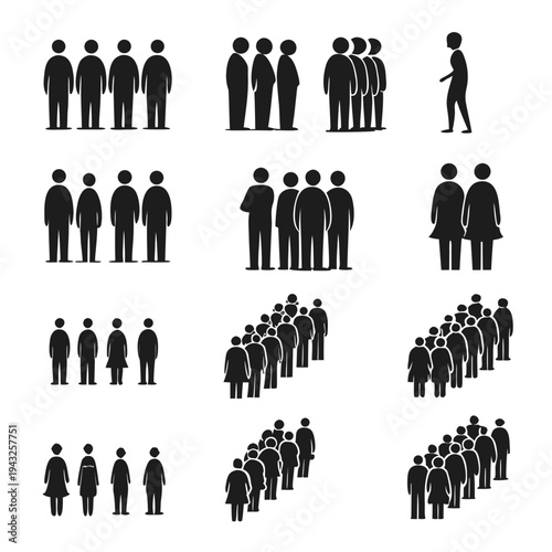 Minimalist people icons and human silhouettes arranged in groups of four and long diagonal queues for business presentations and data visualization
